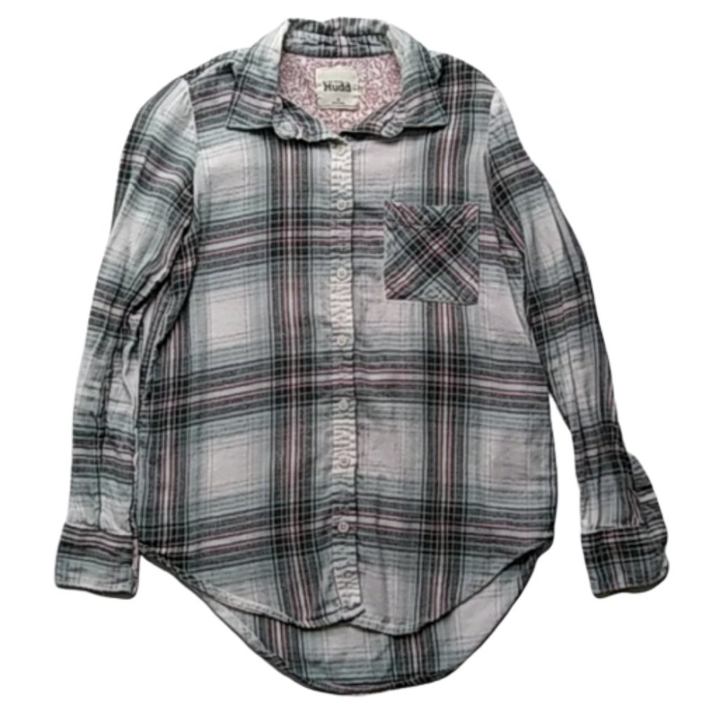 Soft Feminine Flannel High-low Hem Pink Blue Gray